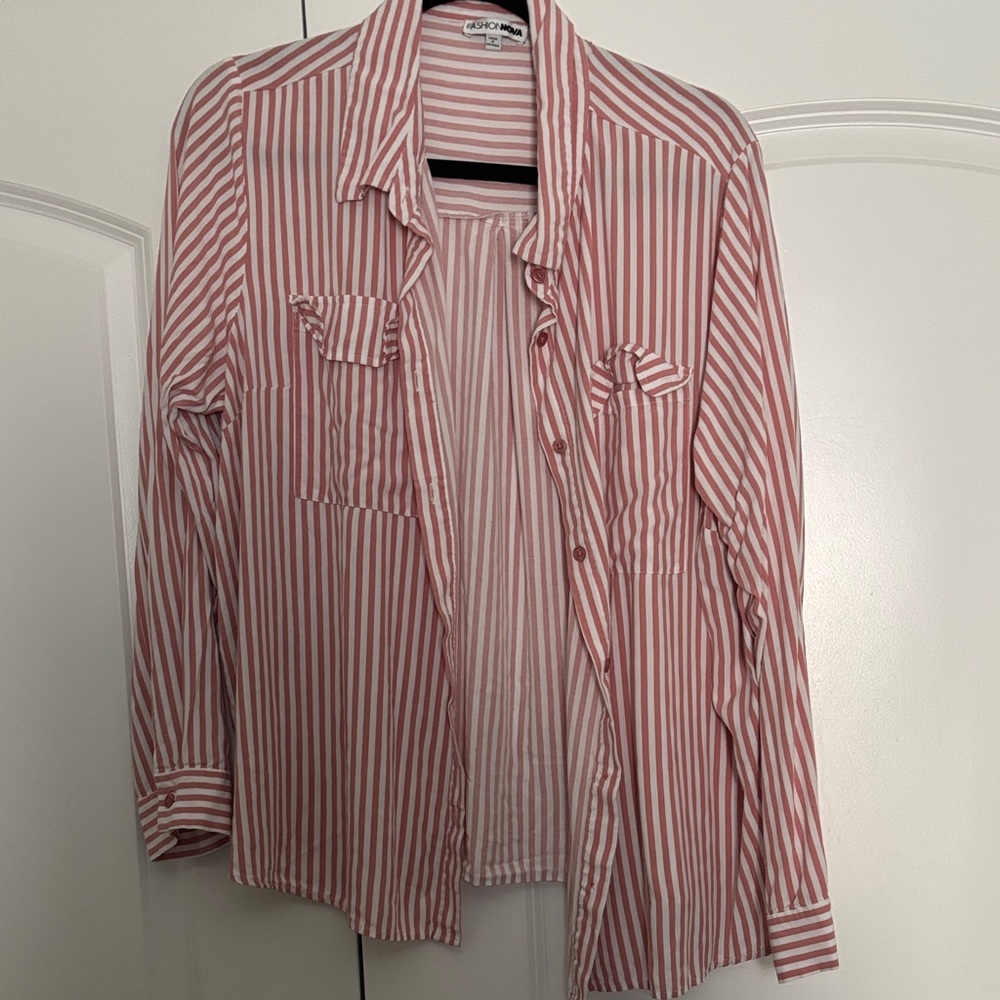 Pink and White Striped Button-Up Shirt
